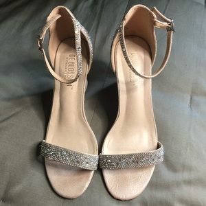 De Blossom Collection’s champagne/nude and rhinestone wedges. Size 9